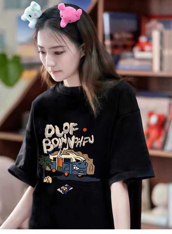Japanese Gp Xu Lu Zhou Yutong Celebrity Style Coconut Tree Bus Print Short-Sleeve T-Shirt for Women, Summer Pure Cotton Top T-Shirt