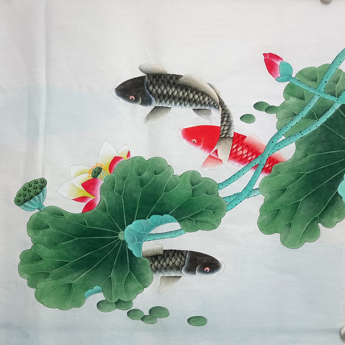 限时特价国画成品工笔画荷花鱼四尺斗方纯手绘真迹画芯未装裱无款