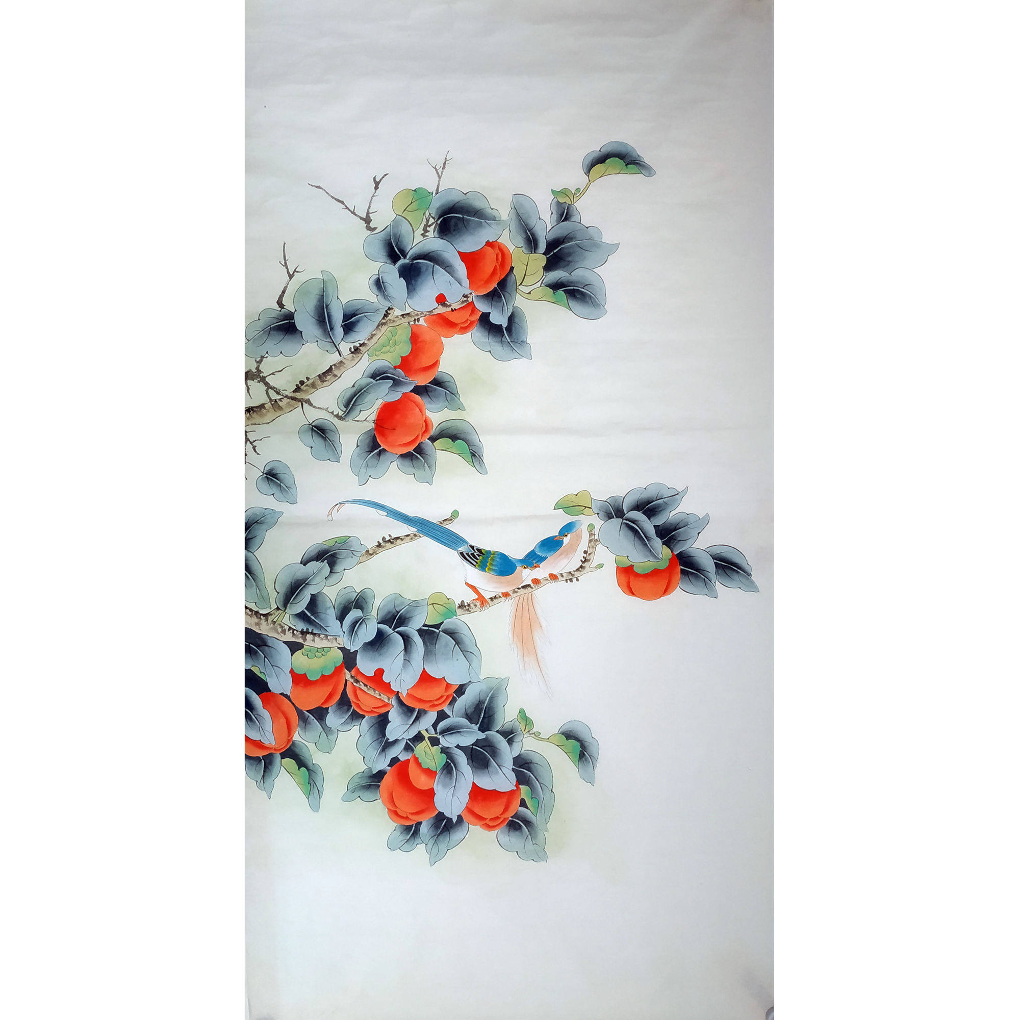 中国古美術★純手描き四尺竖幅・柿柿如意画芯★水彩画・斉白石印款・肉筆・宣紙・文房 中国古美術☆純手描き四尺竖幅・柿柿如意画芯☆