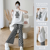 Pregnant woman going out to suit summer thin surrogacy maternity dress with summer short sleeves T-shirt blouses checkered wide leg pants two sets
