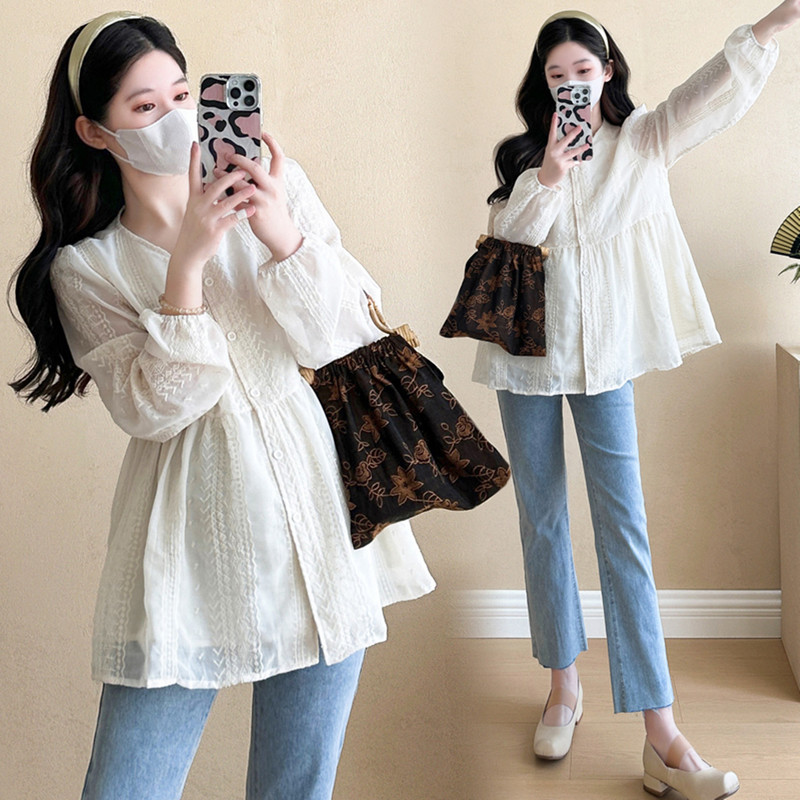 Maternity Spring Outfit Set, Belly-Covering Doll Shirt, Embroidered Long-Sleeve Top, Shirt, Pregnancy Wear, Pants Two-Piece Set for Spring and Autumn
