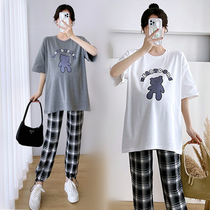 Pregnant Woman Summer Clothing Suit Out of summer pure cotton short sleeve T-shirt Summer slim fit grid wide-legged pants casual Two sets
