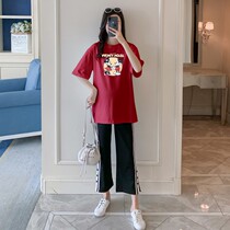 Maternity suit summer out fashion 2020 new casual wide leg pants thin sportswear two-piece summer suit