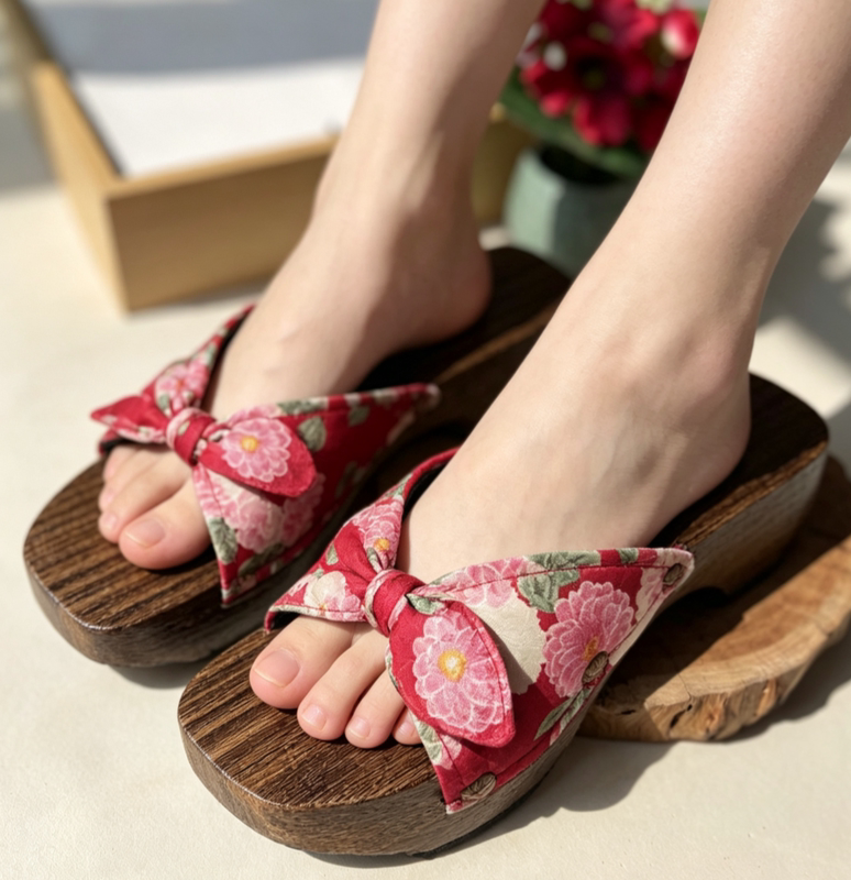New Style Wooden Clogs for Women with Floral Bow, Non-Slip Home Slippers, Cosplay Big Dog High Heels, Anime Kimono