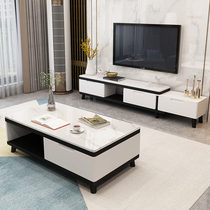 Marble TV cabinet coffee table combination modern simple retractable light luxury floor cabinet glass steel stone living room TV cabinet