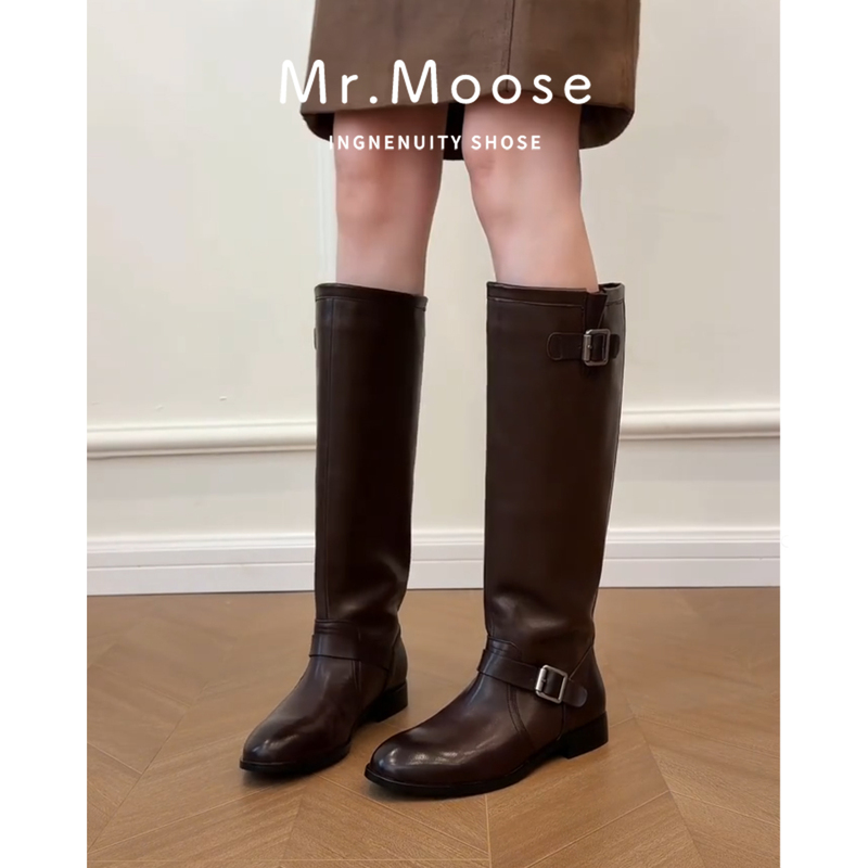 2026 New Style Belt Buckle Long Boots for Women, Brown Round-Toe Low-Heeled Riding Boots, Retro Versatile Over-The-Knee High Boots