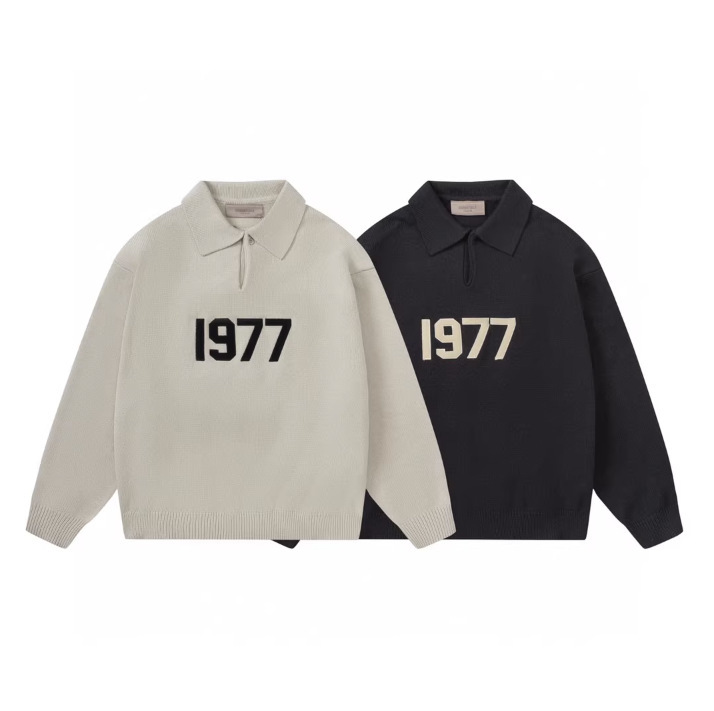 Fog Trendy Brand Essentials Eighth Season Multi-Line 1977 Flocking Embroidery Loose Polo Collar Knit Sweater