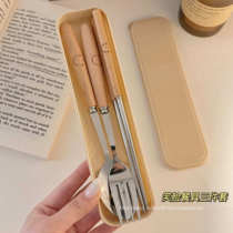 Cute smiling face chopsticks spoon fork tableware set wooden handle stainless steel three-piece set for students children and adults