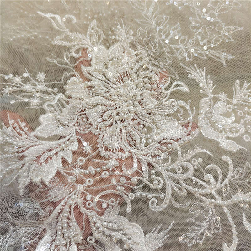 Off-White Heavy-Duty Luxury Embroidery Beading Sequin Lace Fabric for Veils, Curtains, Cheongsam, Hanfu DIY