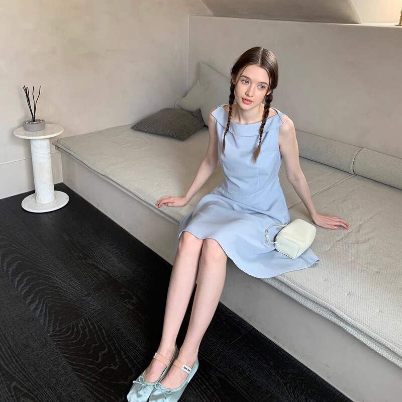 Kernel Cosmos Fujii Shu Same Style French Retro Boat Neck Elegant Ruffled Linen Waist-Cinching Dress