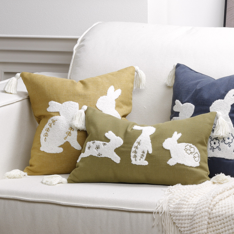 Easter Nordic Style Rabbit Towel Embroidered Pillowcase with Tassels, Embroidered Cotton and Linen Sofa Cushion, Cute Cartoon Lumbar Pillow Easter Nordic Style Rabbit Towel Embroidered Pillowcase with Tassels, Embroidered Cotton and Linen Sofa Cushion, Cute Cartoon Lumbar Pillow