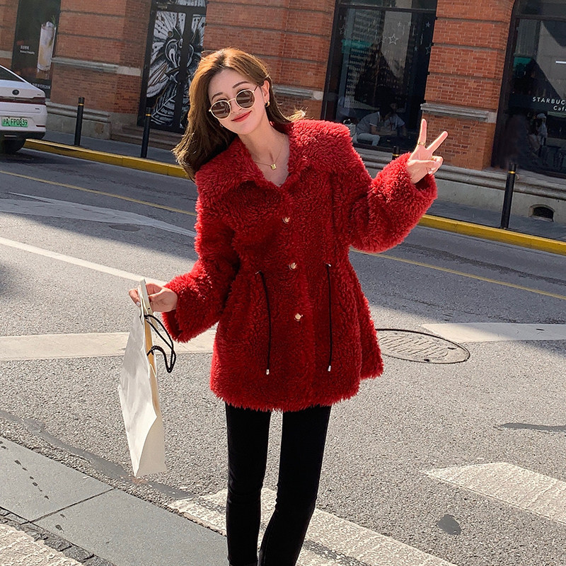 2021 new leather grass sheep cut down big coat short grain fur integrated coat lady lamb wool temperament casings