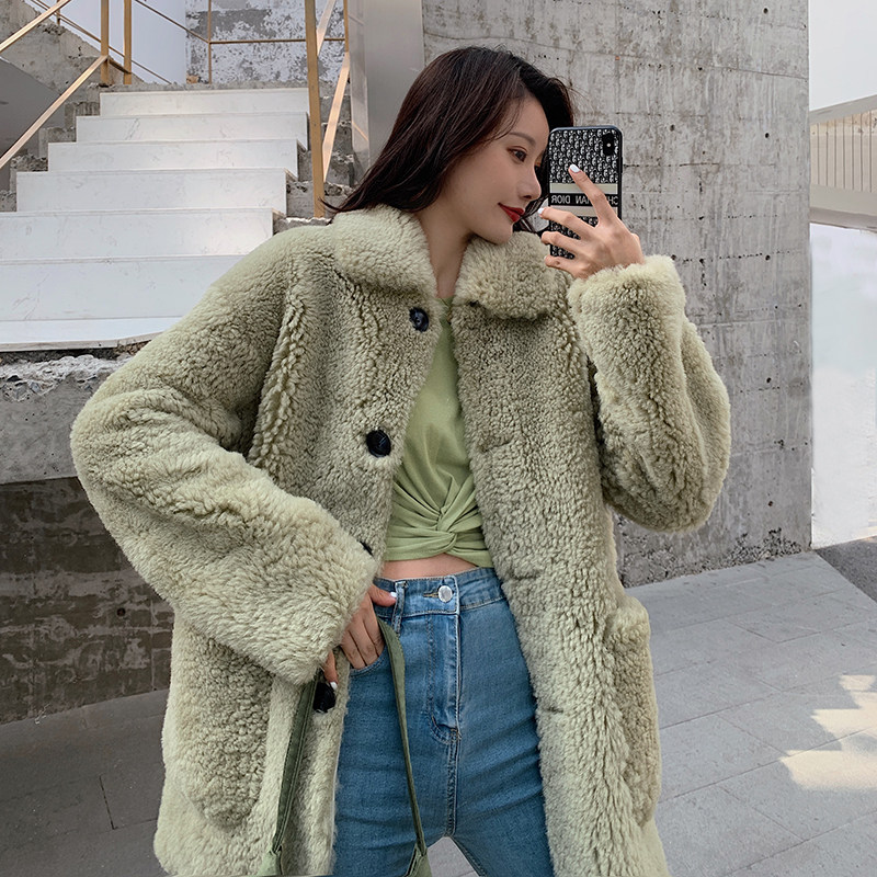 Fur-integrated coat female medium long version imported Bartha sheep cut cashmere lamb fur straw coat 2020 winter dress new