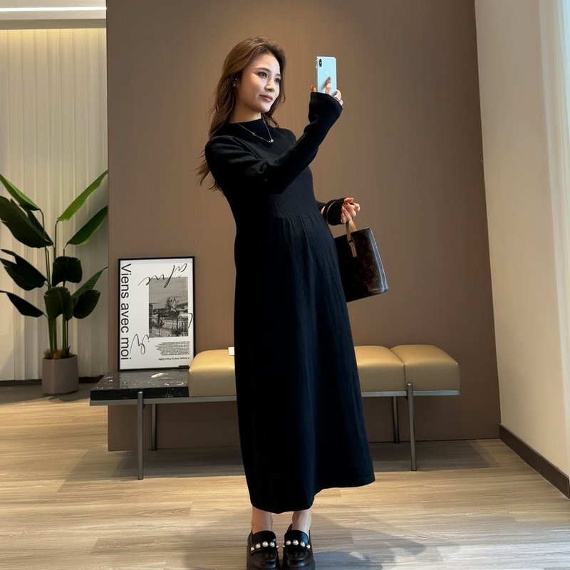 Wawa Maternity Dress Black New Autumn Light Luxury Maternity Wear Knitted Long Dress Women's Inner Wear High-End Sweater Dress