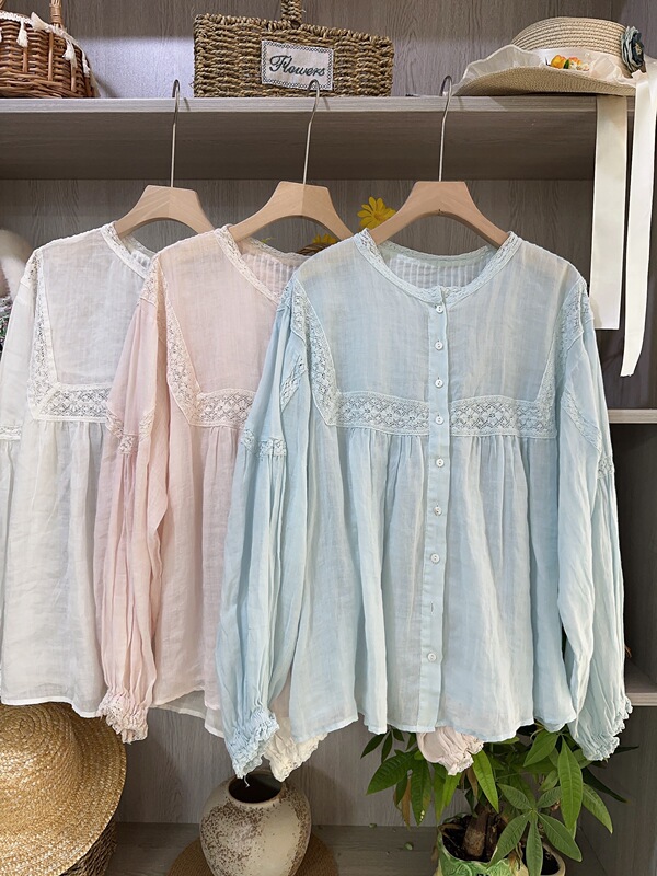 Summer New Style Artistic Forest-Style Lace Patchwork 100% Ramie Slimming Blouse