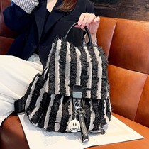 Contrast color fashion backpack 2024 new backpack pet bag striped denim with leather drawstring travel bag