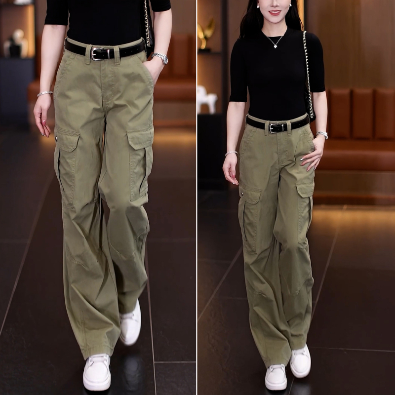 Khaki Workwear Wide-Leg Pants for Women, Summer 2026 New High-Waisted Loose Straight-Leg Pants with Multiple Pockets, Casual Long Pants