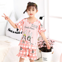 Childrens pajamas short-sleeved cotton cartoon middle and large childrens suit Little girl summer boys shorts cotton home clothes