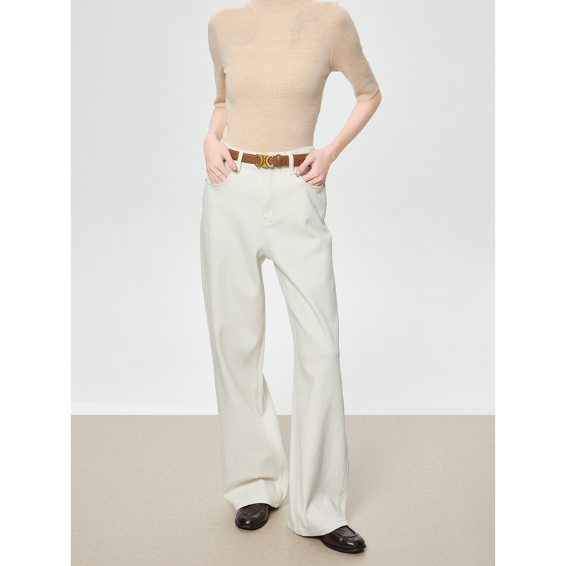 Old Money Style White Straight-Leg Jeans for Women, High-Waisted, Slimming, Size 26, Loose Fit, High Elasticity, Drapey, Suitable for Pear-Shaped Body, Versatile for Commuting