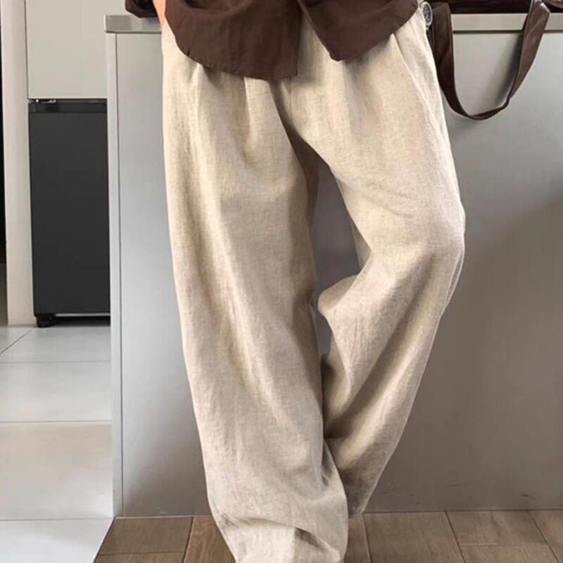 Casual Cotton and Linen Dress Pants for Men, High-End Loose Straight-Leg Floor-Length Trousers with Hidden Buttons and Elastic Waistband, Linen Suit Pants