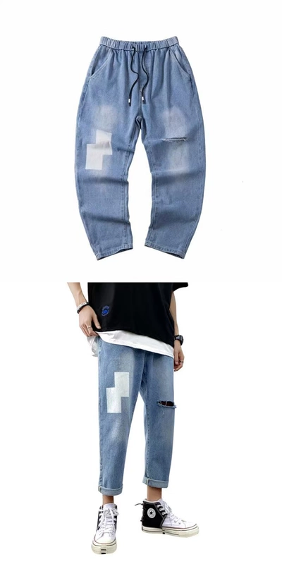 Quần cá tính nam vá lỗ quần jeans nam thủy triều thương hiệu hip-hop chín điểm Quần cũ lỏng quần thẳng - Quần jean