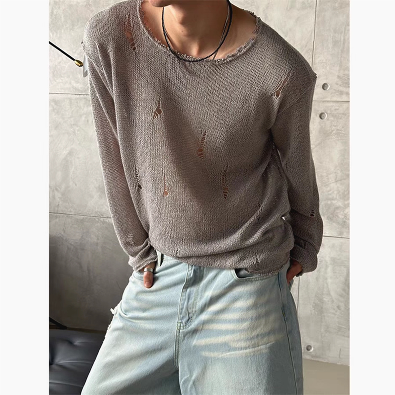 American-Style Hollow-Out Knit Pullover for Men, Frayed Edges, Loose Long-Sleeve T-Shirt, Distressed Lace Beggar-Style Sweater, Trendy