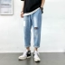 Quần cá tính nam vá lỗ quần jeans nam thủy triều thương hiệu hip-hop chín điểm Quần cũ lỏng quần thẳng - Quần jean quần tây nam Quần jean