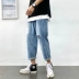 Quần cá tính nam vá lỗ quần jeans nam thủy triều thương hiệu hip-hop chín điểm Quần cũ lỏng quần thẳng - Quần jean Quần jean