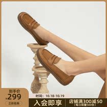 Qingyutian leather shoes womens 2021 new autumn a pedal soft leather shoes Womens Flat shoes retro soft bottom