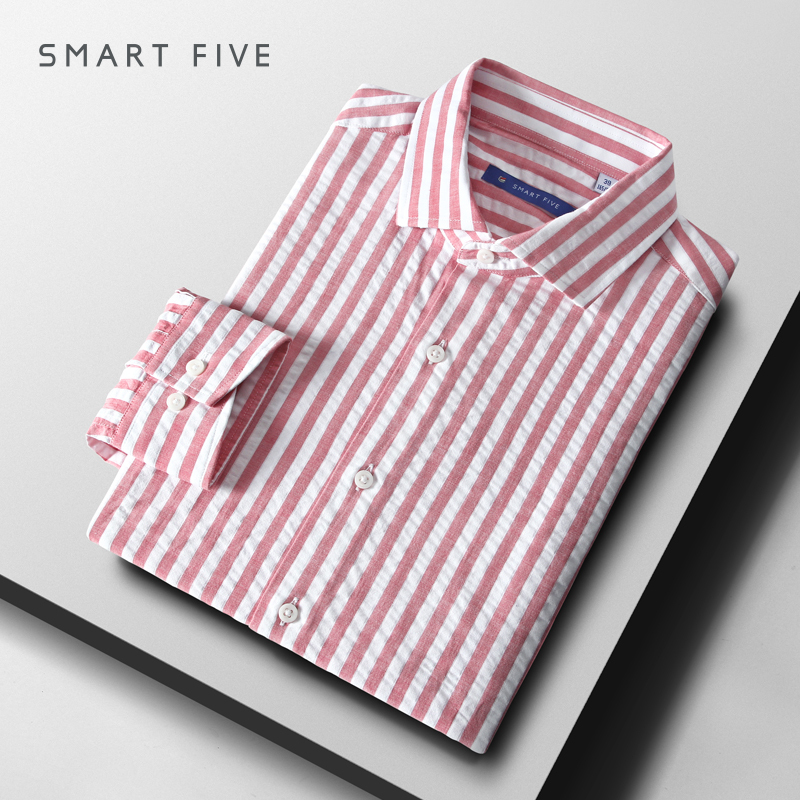 Summer Thin Long-Sleeved Shirt, Pure Cotton Seersucker, Watermelon Red Striped Men's Shirt, Windsor Collar, Minimalist Trendy Top