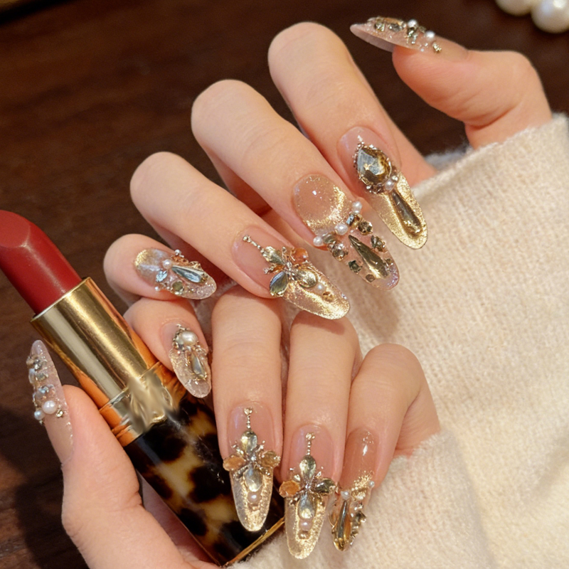 Trendy Instagram-Style Korean-Style Full Diamond Sparkling Nail Tips, Cat-Eye Effect, Brightening Effect, High-End Luxury Champagne Color, Long Style Trendy Instagram-Style Korean-Style Full Diamond Sparkling Nail Tips, Cat-Eye Effect, Brightening Effect, High-End Luxury Champagne Color, Long Style