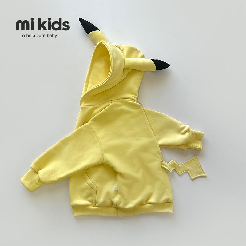 Children's Autumn and Winter Hooded Pure Cotton Fleece Sweatshirt, Cute Cartoon Pikachu, Playful Style, Unisex Baby Loose Drop-Shoulder Top