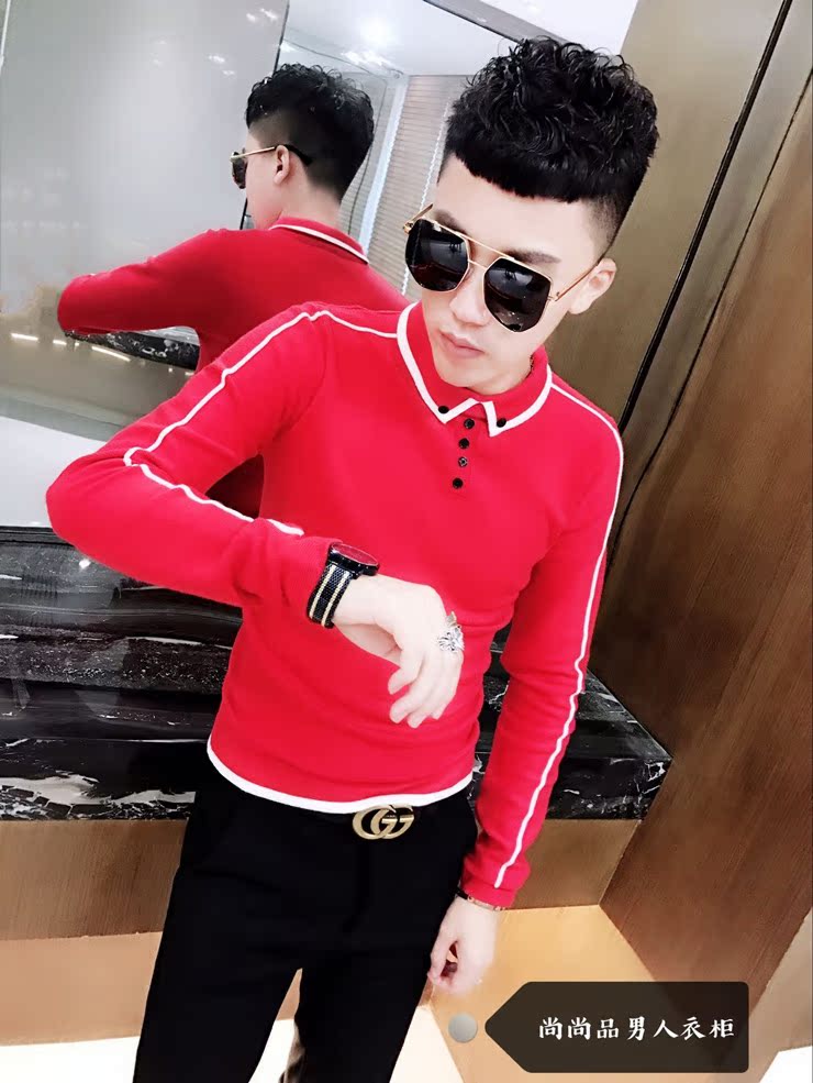 Mùa thu đông 2018 mới áo đỏ đẹp trai cổ áo len nam phiên bản Hàn Quốc của xu hướng áo len nam đáy ao khoac len