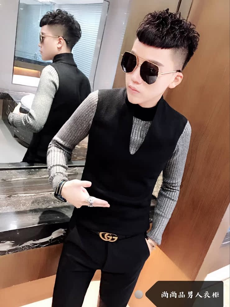 Xu hướng thời trang Bộ đồ bó sát, áo len hai dây nam xã hội khâu áo len nam triều 2018 thu đông áo len nam