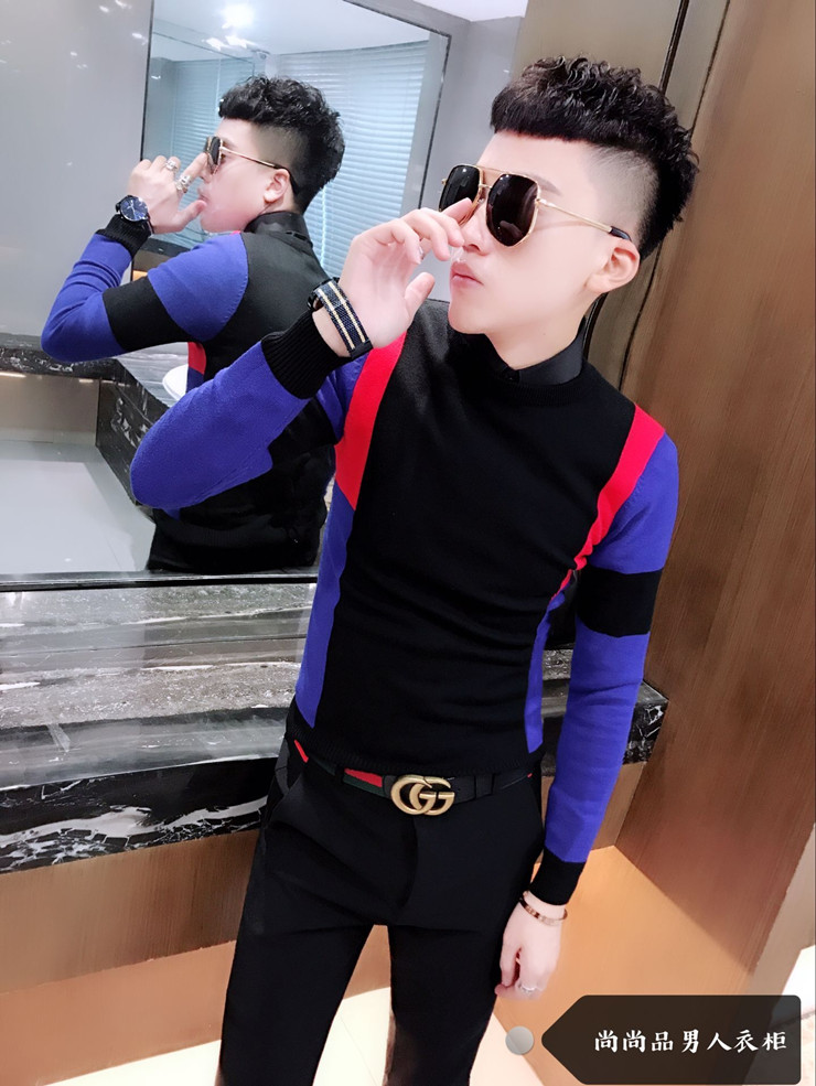Các chàng trai trong xã hội tâm linh mùa đông lắc lư cùng kiểu áo sơ mi dệt kim mỏng nam Thời trang Hàn Quốc Xu hướng áo len cổ lọ tương phản áo len nam cổ lọ	