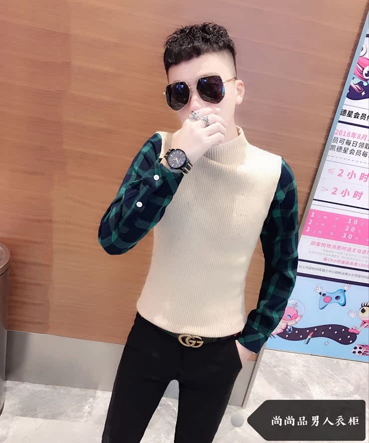 Áo len nam mùa đông 2018 mới cổ cao nửa cổ giả giả áo hai dây mỏng thời trang Hàn Quốc kẻ sọc ao len nam