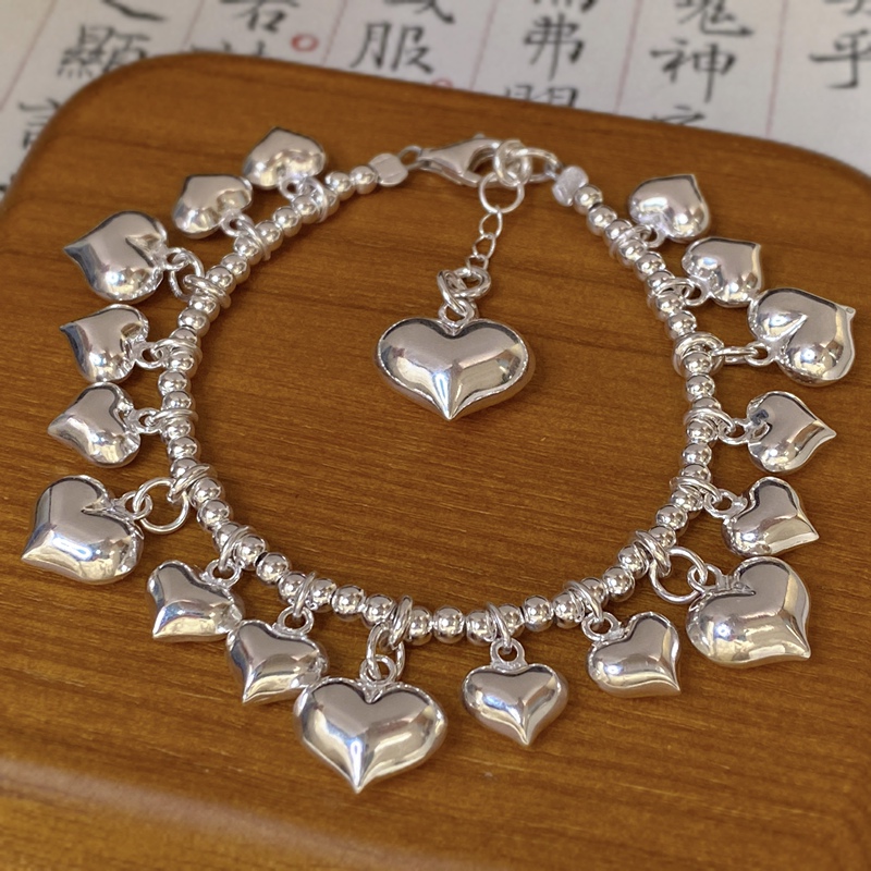 Original Design, Satisfying and Satisfying, S925 Sterling Silver Plain Silver Bracelet, Anklet, Peach Heart-Shaped Love Heart, Handmade Silver Jewelry