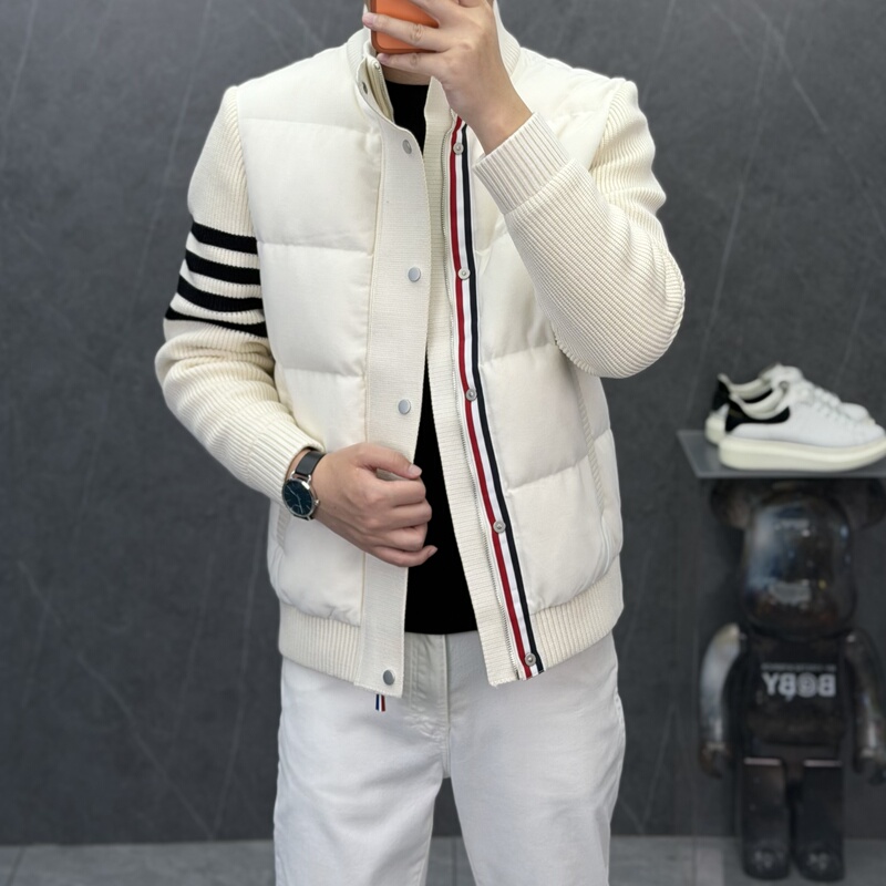 [Urban Commuting Stand Collar down Jacket] Knitted Patchwork White Duck down Warm Jacket for Men, Light Luxury and Elegant Men's Clothing