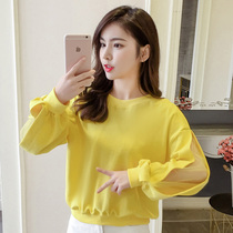 2021 early autumn new mesh splicing long-sleeved pullover Korean version sweater women lantern sleeve round neck casual Western style top