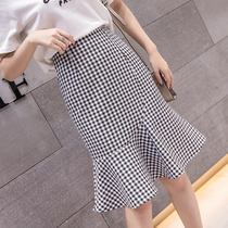 2021 summer New Lady temperament thin plaid fishtail skirt skirt slim hip Medium-length dress women tide