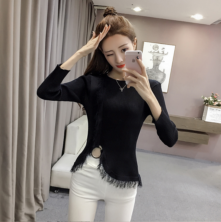 Mùa xuân 2019 Hàn Quốc khâu không tự canh eo thắt lưng áo len màu tinh khiết cổ tròn tay áo dài áo thun thoi trang cong so