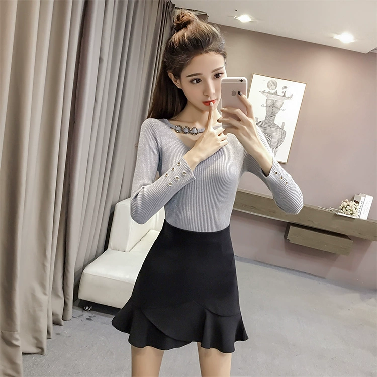 Mùa xuân 2019 mới khí chất lụa sáng màu hàng đầu phiên bản Hàn Quốc của áo sơ mi giảm béo mỏng tay áo len cổ chữ V áo gile len