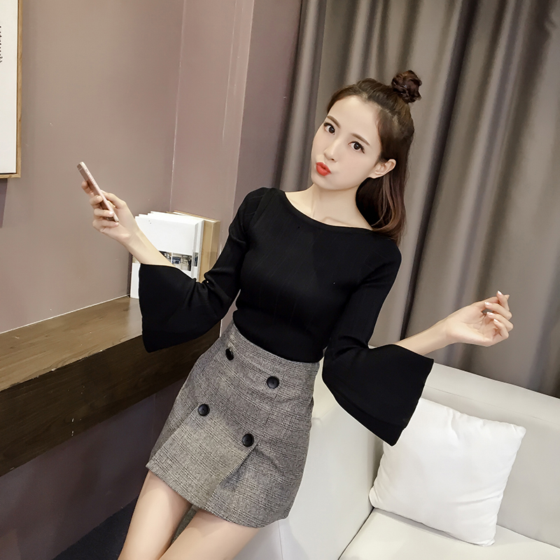 Mùa xuân 2019 mới màu rắn chẻ đôi thon thon tay áo len áo len nữ form rộng