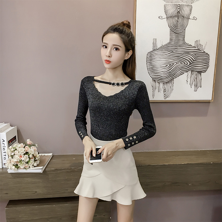 Mùa xuân 2019 mới khí chất lụa sáng màu hàng đầu phiên bản Hàn Quốc của áo sơ mi giảm béo mỏng tay áo len cổ chữ V áo len kiểu