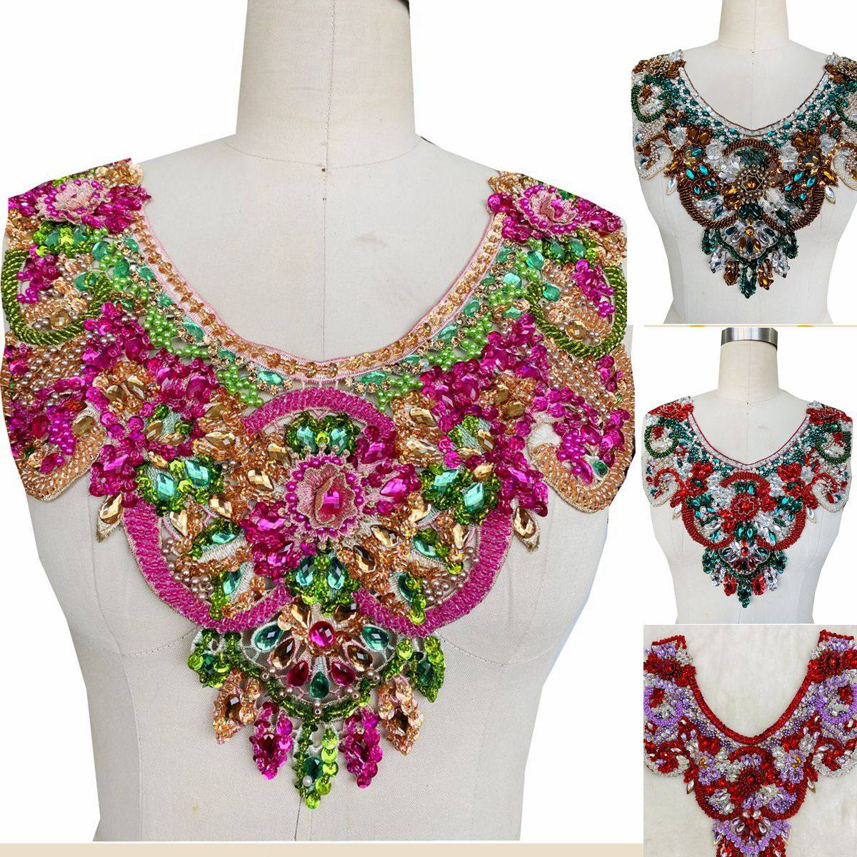 Heavy work sewn multicolored bright drilling lace with floral gown accessories to act out the l round neckline luxury decorative hand-stitched patch