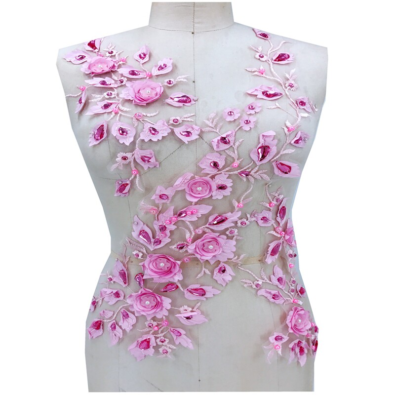 Pink three-dimensional flower piece Pearl nail bead Applique diy wedding dress stage costume lace flowers