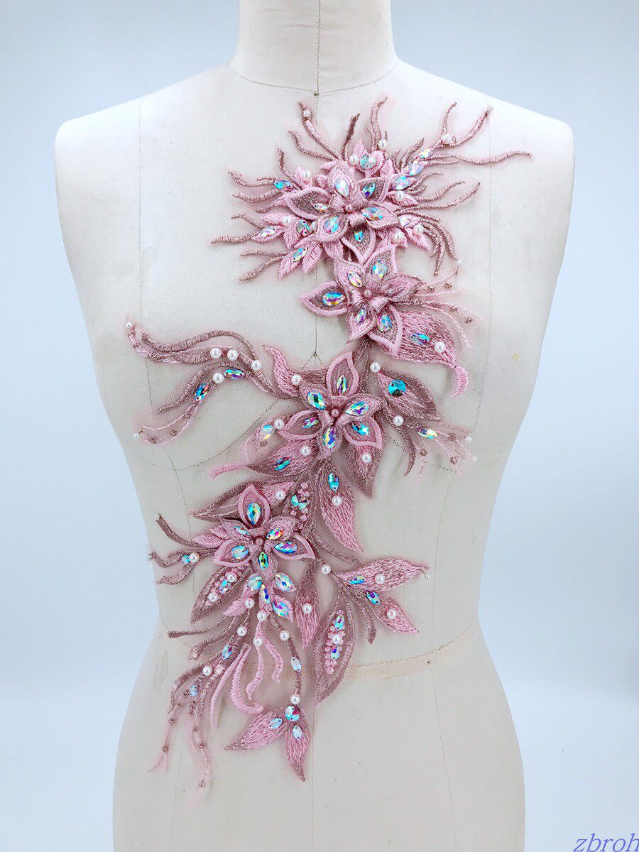 Deep Pink Nail Pearl Water Drill Solid Lace Clothing Decoration Appliques DIY wedding dresses Lace Appliques with lace accessories