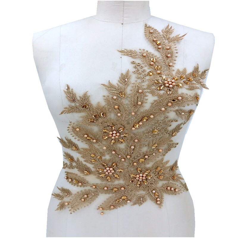 Hot diamond lace - stained lace - embroidered nail - pearl DIY stage dress wedding dress design material light gold