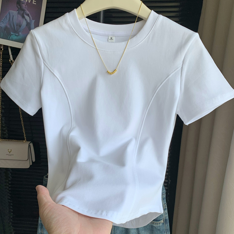 Casual Style Pure Cotton Short-Sleeved 2025 Summer New Style Curved Hem Asymmetrical Slim-Fitting Top Fishbone Line T-Shirt for Women