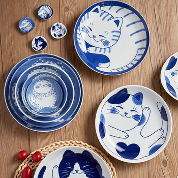 日本进口卡通儿童陶瓷餐具猫咪家用面碗网红日式青花圆形菜盘碟子